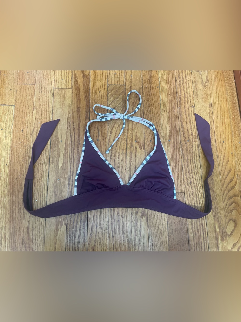 Burberry Check Trim Triangle Bikini Top Halter Swim Size S Plum Purple Vintage